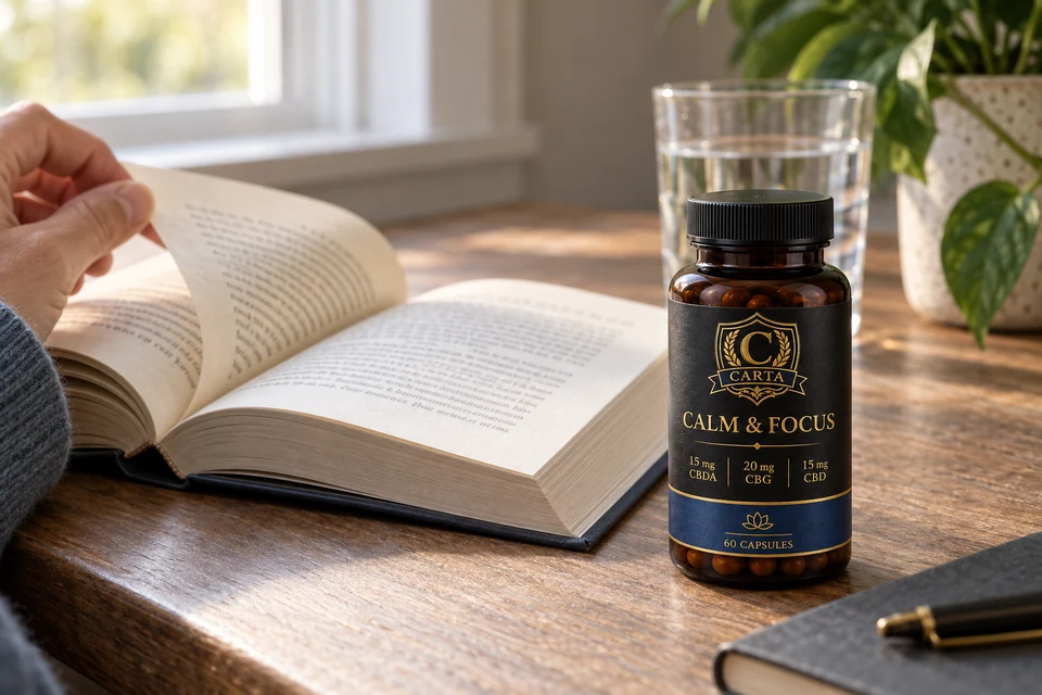 CARTA Calm & Focus bottle beside an open book in soft window light, with a hand turning a page.