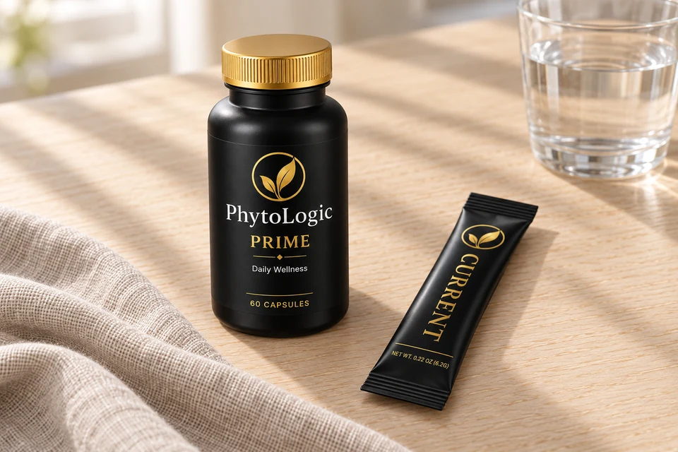 Upright PhytoLogic Prime bottle with a sealed Current stick pack resting on pale wood beside linen and a water glass.