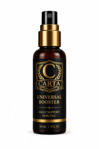 CARTA Universal Booster bottle concept with black and gold labeling.