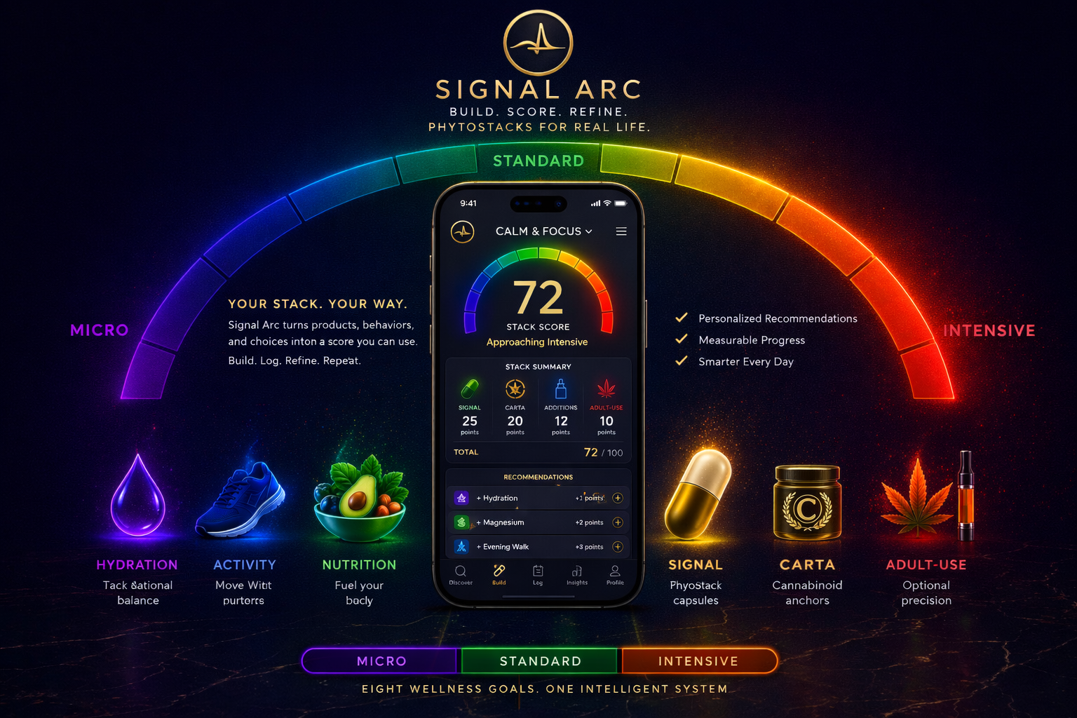 SIGNAL Arc stack score interface showing stack score, support layers, and guided recommendations