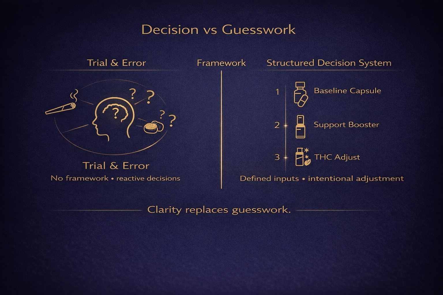 Decision versus guesswork graphic showing trial and error compared with structured decision system