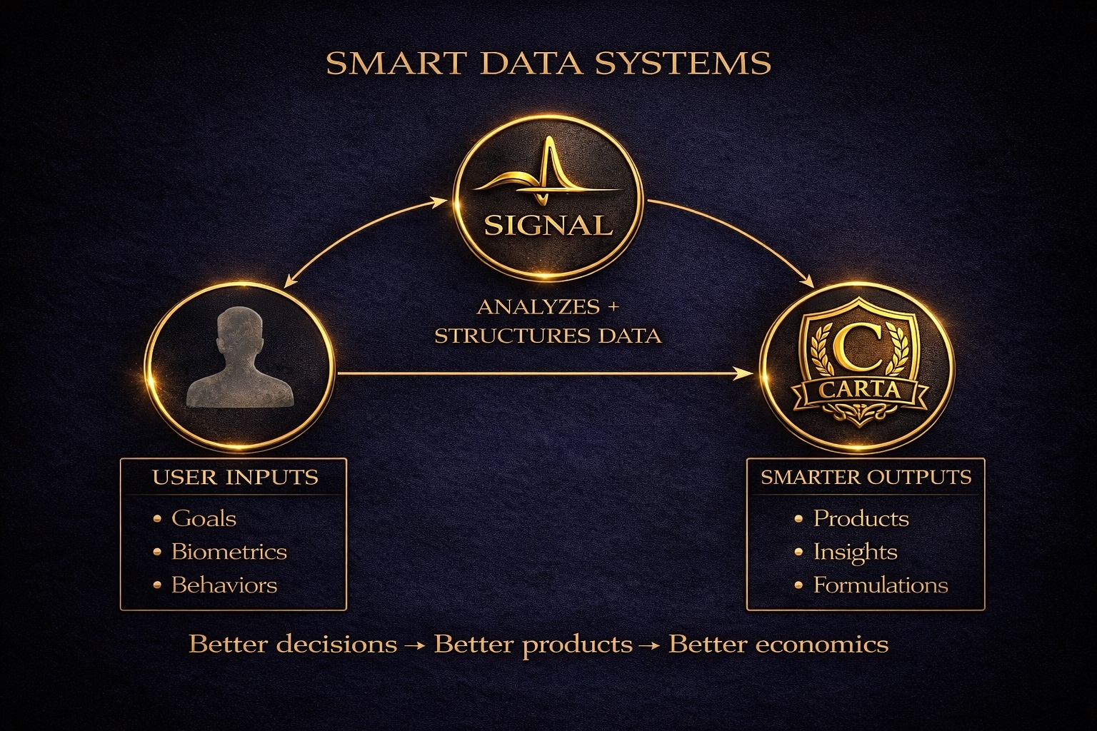 Smart data systems graphic showing user inputs, SIGNAL, and smarter CARTA outputs